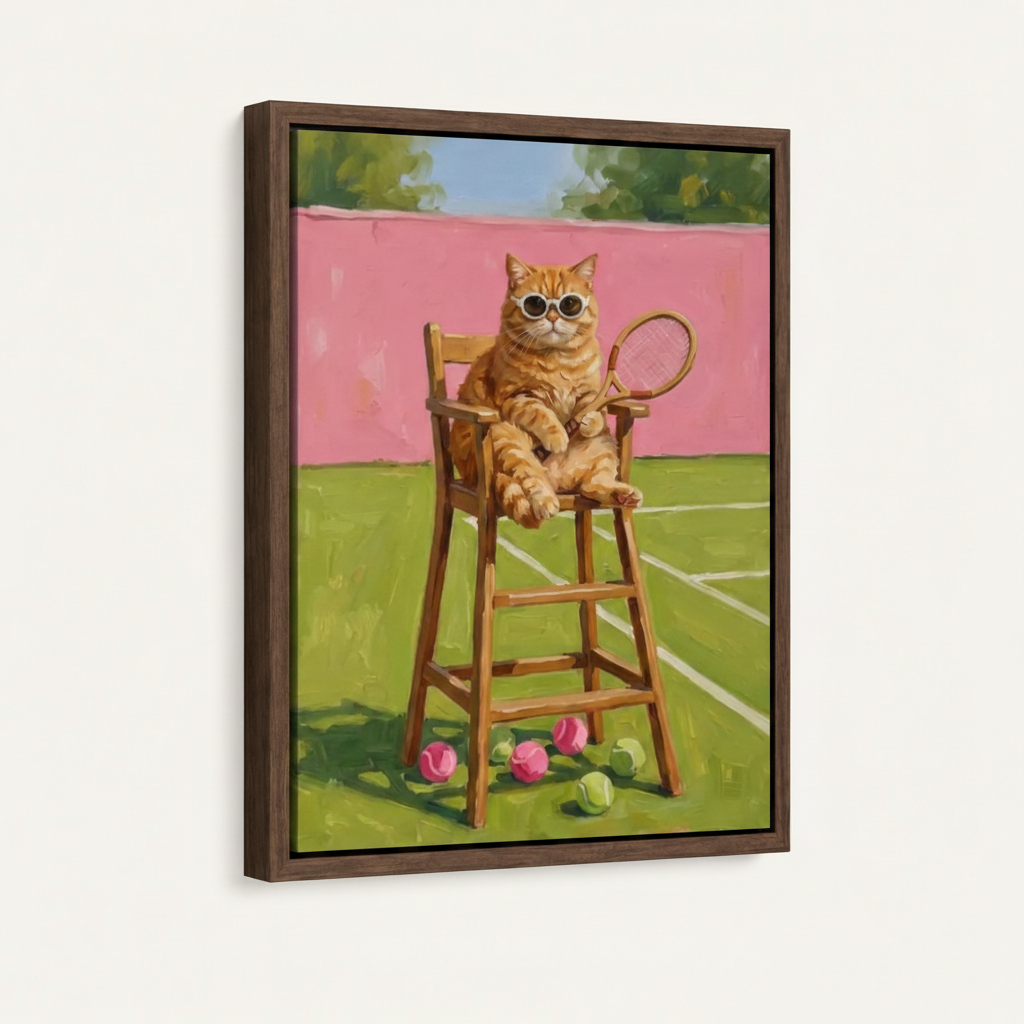 Framed canvas art print of orange tabby tennis umpire cat in dark walnut wood frame