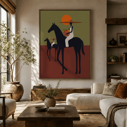 Minimalist equestrian wall art above sofa in a boho-style living room with natural light