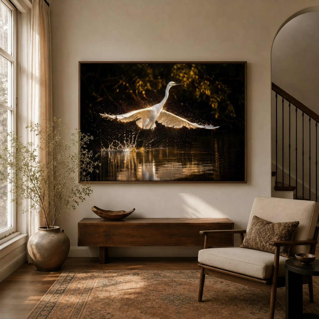 Framed egret taking flight golden backlight canvas wall art above sideboard in warm modern entryway sitting room
