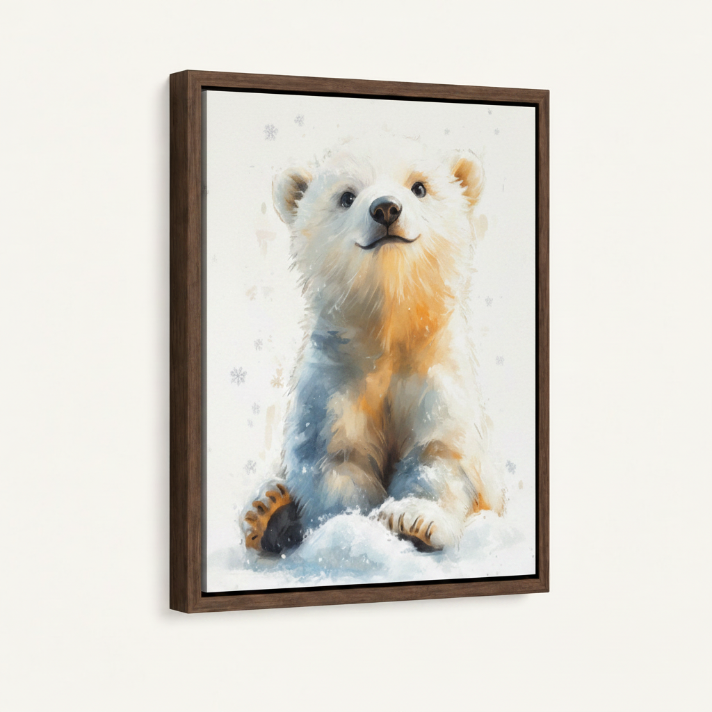 Framed canvas front view of fluffy polar bear cub sitting in snow, warm golden and icy blue tones