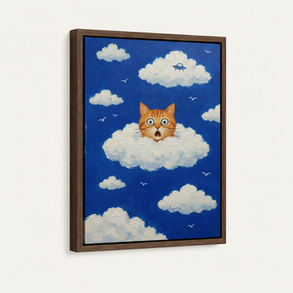 Close-up of framed cat cloud oil painting showing impasto texture and UFO detail on deep blue sky
