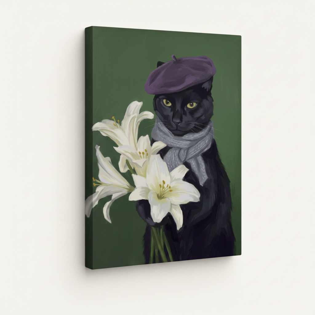 Gallery-wrapped canvas of a whimsical black cat portrait with lilies, side view showing canvas depth