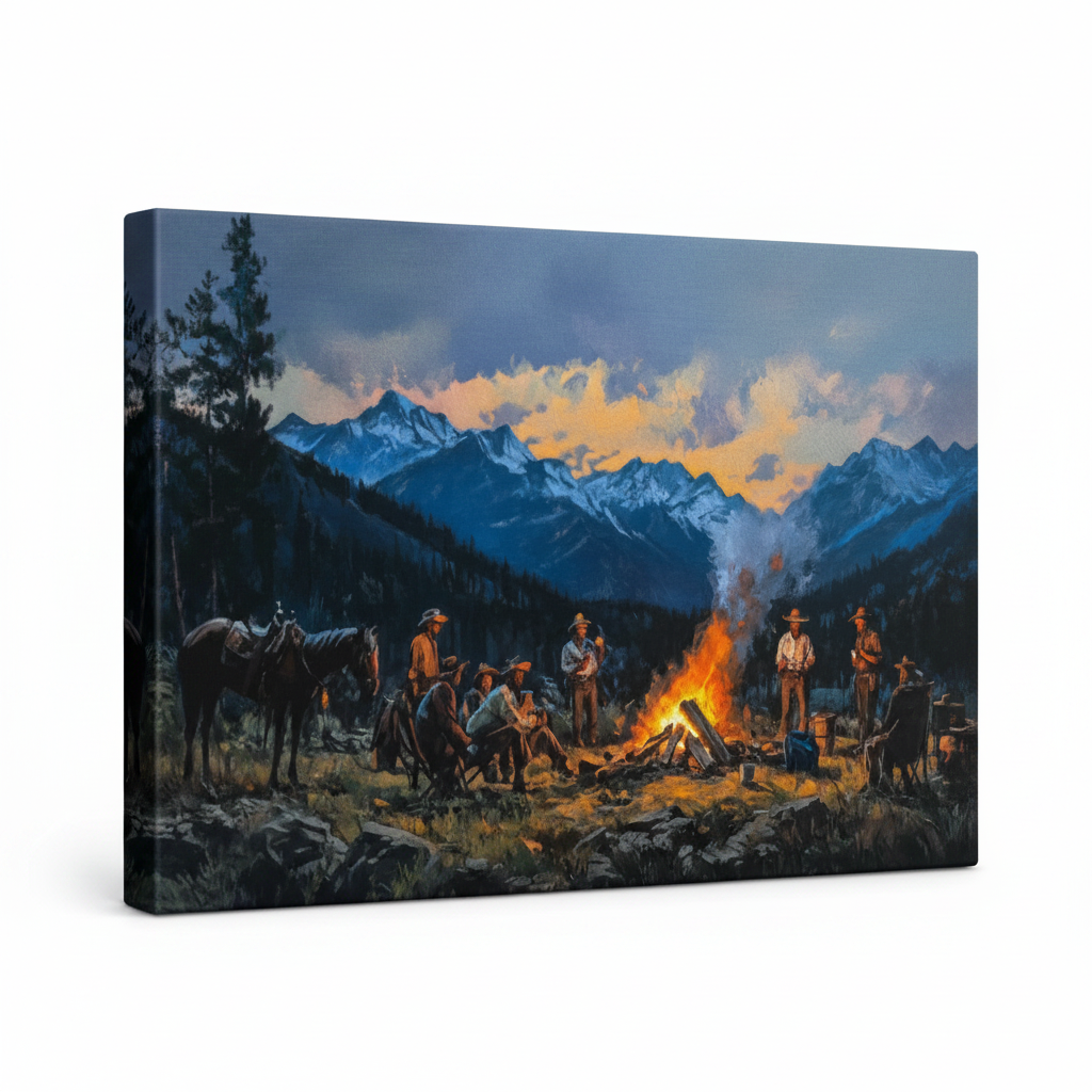 Gallery-wrapped western campfire canvas print angled on white background showing stretcher bar depth and edge wrap