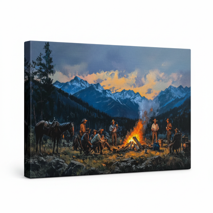 Gallery-wrapped western campfire canvas print angled on white background showing stretcher bar depth and edge wrap