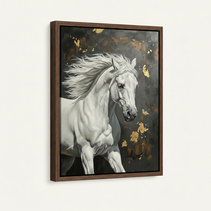 Framed white horse gold foil oil painting canvas with dark walnut floating frame