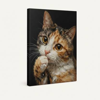 Gallery-wrapped calico cat canvas art, frameless side view showing painting wrap around thick edges