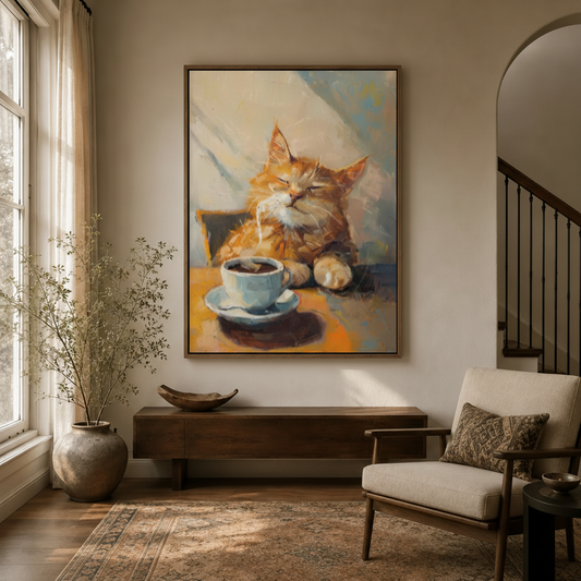 Charming orange cat coffee canvas wall art displayed in elegant entryway with dark wood console
