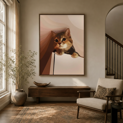 Funny curious cat canvas in walnut float frame displayed in bright modern entryway