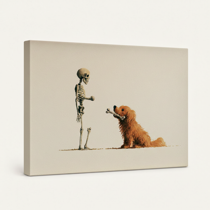 Gallery wrapped skeleton dog illustration canvas print, side angle showing cream wrapped edges on white background