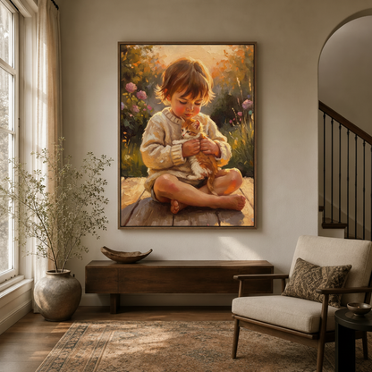 Whimsical white cat bicycle canvas hung above console in bright entryway with Persian rug and arched doorway