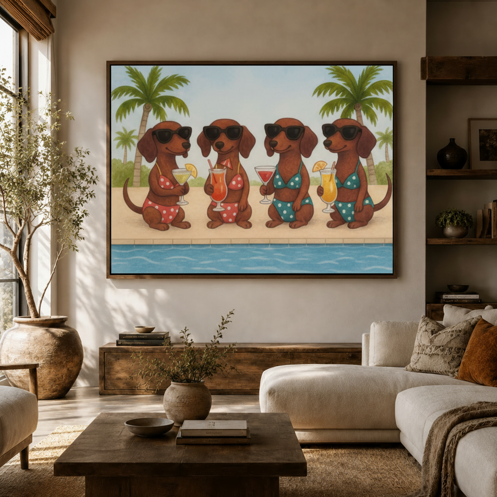 Dachshund pool party cartoon canvas wall art above sideboard in bright Japandi living room white sofa