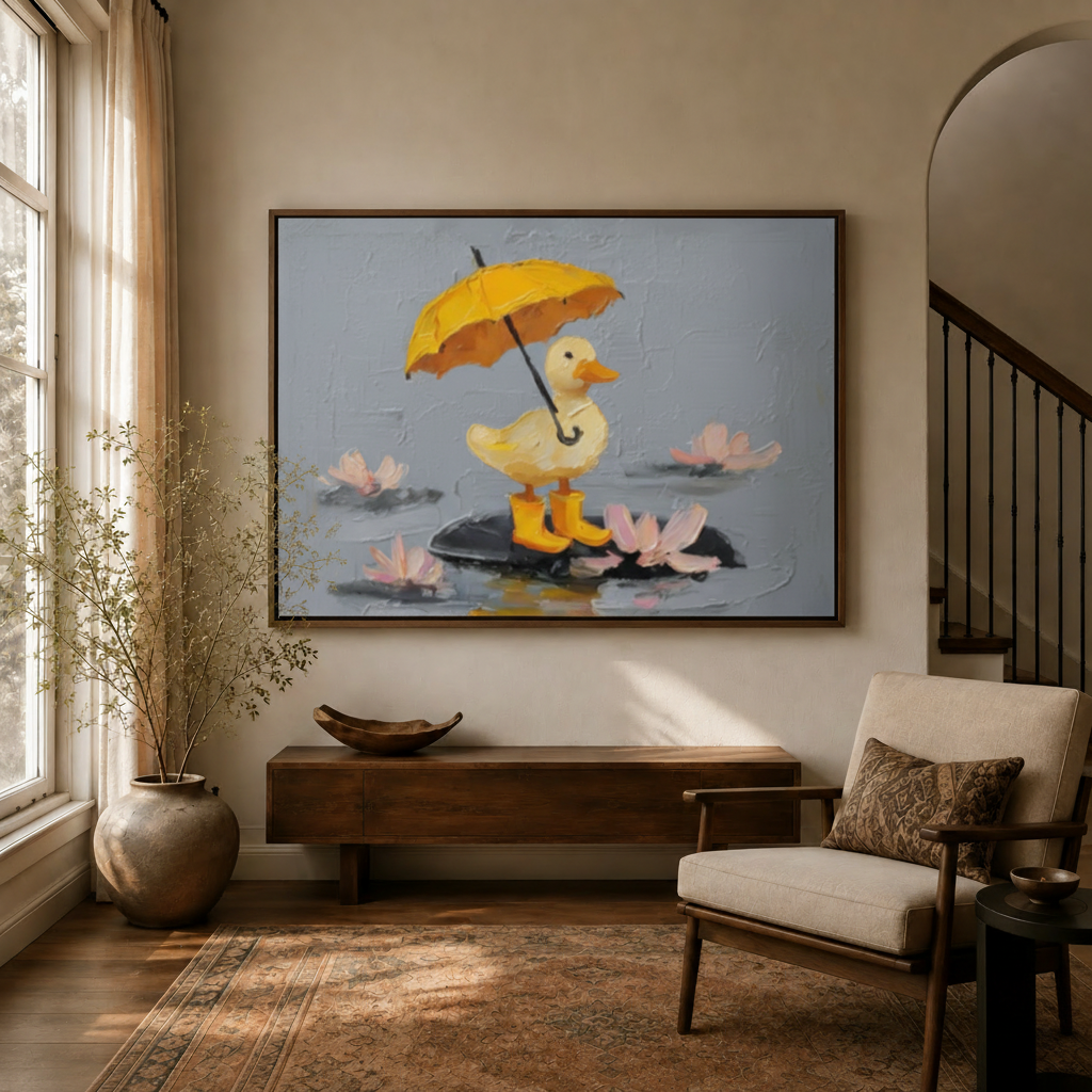 Whimsical duck canvas wall art with yellow umbrella displayed in a warm neutral entryway