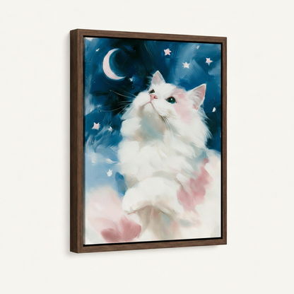 Side angle view of dark wood framed canvas showing white cat among pink clouds and stars on deep blue sky