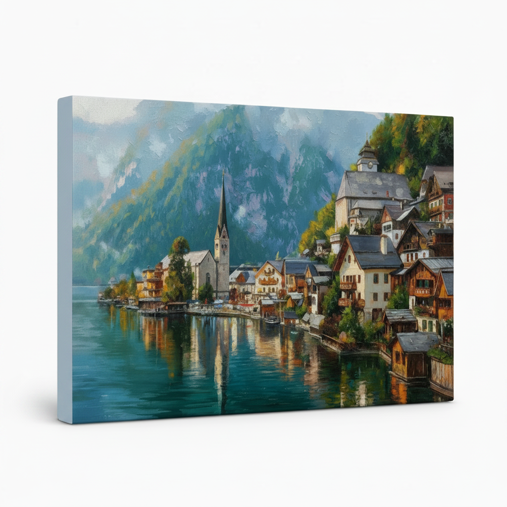 Gallery wrapped Hallstatt landscape canvas side view with pale blue wrap edge on white background