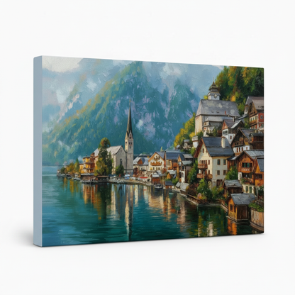 Gallery wrapped Hallstatt landscape canvas side view with pale blue wrap edge on white background