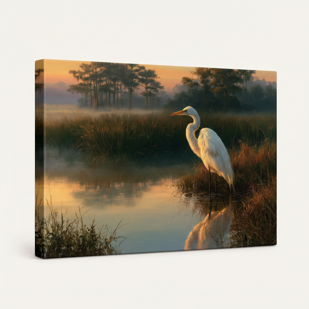 Gallery-wrapped great egret canvas print at an angle showing wrapped edges, white background