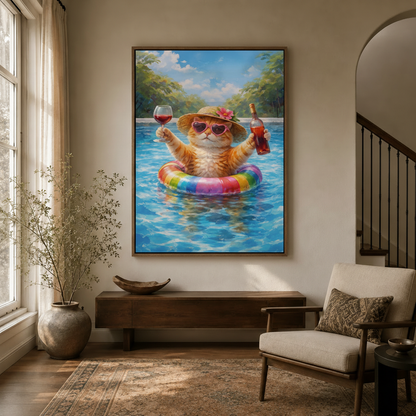 Orange tabby pool party canvas in walnut float frame displayed in bright modern entryway