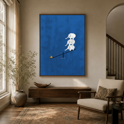 Whimsical minimalist elephant canvas in walnut frame displayed in bright modern entryway