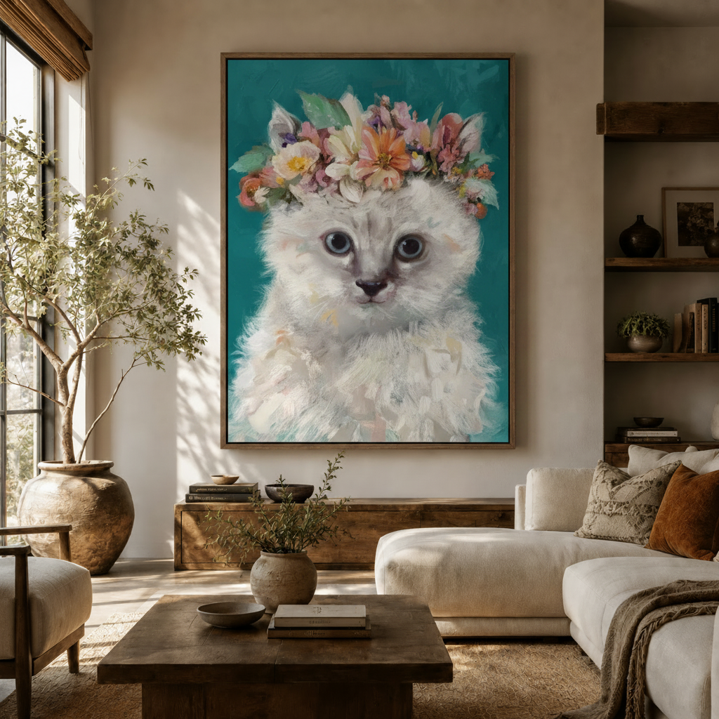  Fluffy white kitten flower crown wall art in warm-brown float frame displayed above console in a bright boho living room
