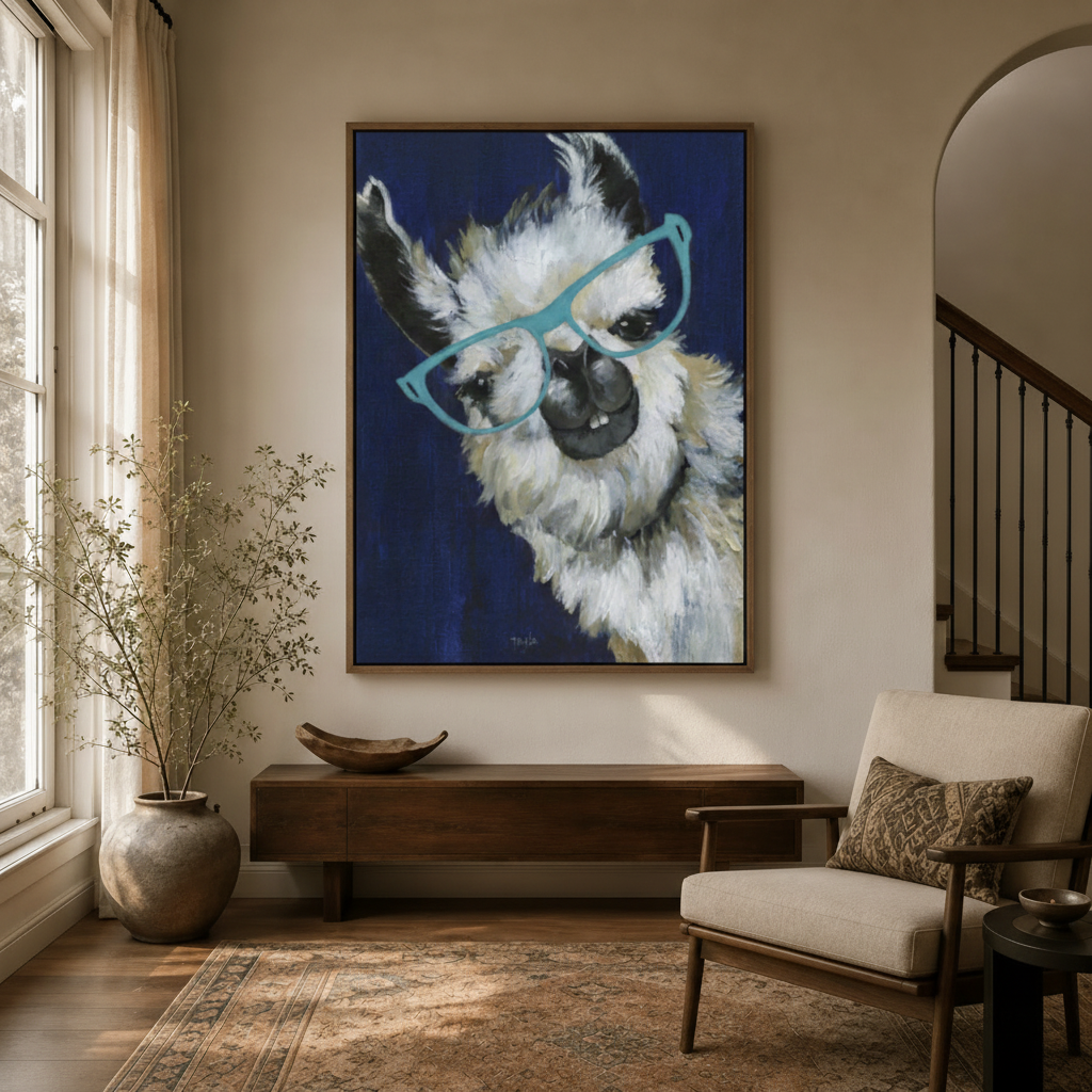Funny llama teal glasses navy impasto canvas in float frame displayed in warm modern entryway