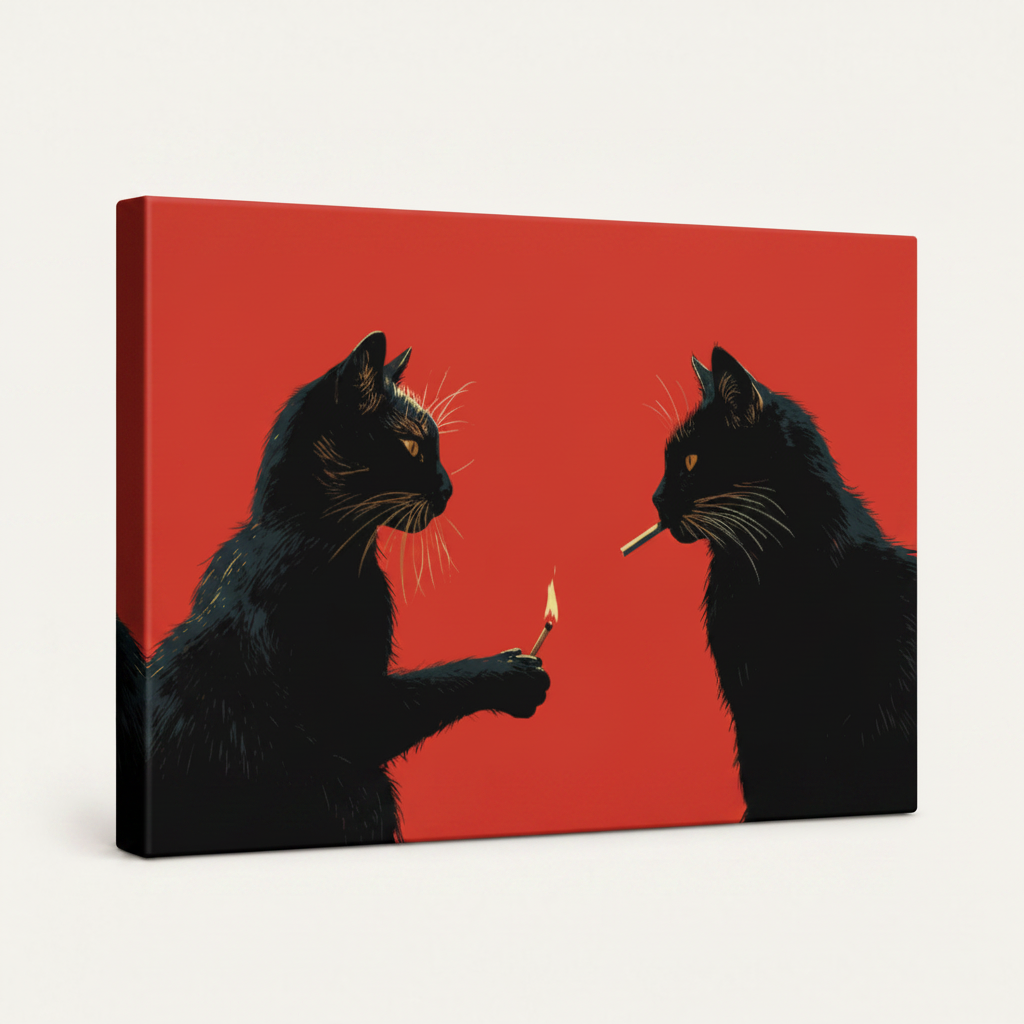 Gallery-wrapped black cats cigarette canvas print showing thick wrap edge at 45-degree angle on white background