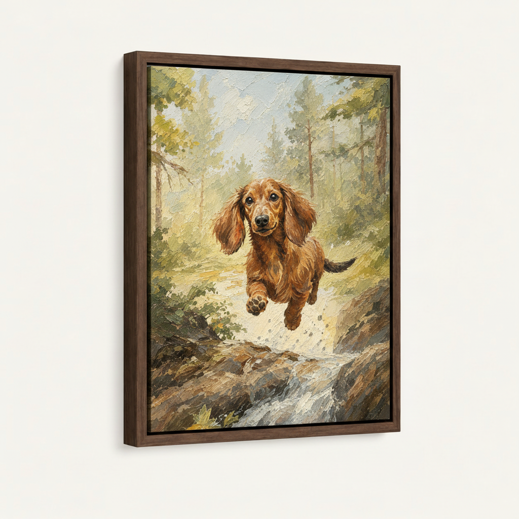 Frameless gallery wrap canvas of dachshund running through forest on white background