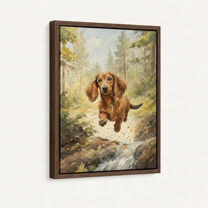 Frameless gallery wrap canvas of dachshund running through forest on white background