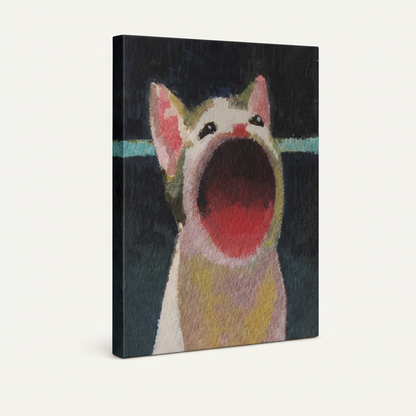 Gallery-wrapped canvas print of screaming cat impasto painting, frameless 3/4 product shot