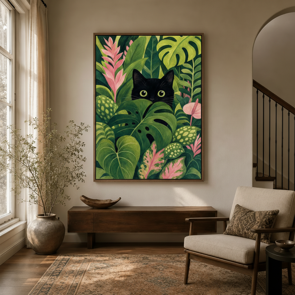 Black cat hidden in tropical foliage bold canvas in walnut float frame displayed in modern entryway