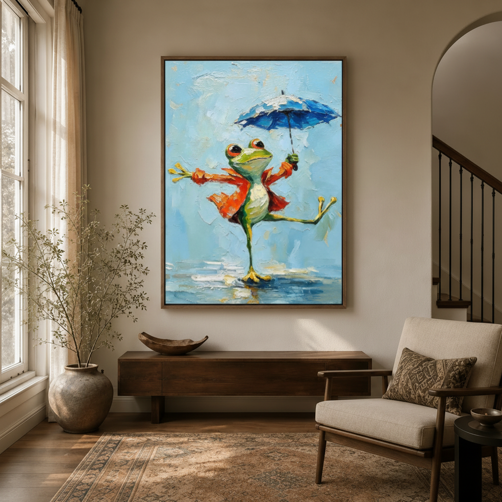 Cheerful frog orange raincoat dancing rain impasto canvas in dark walnut frame in warm neutral modern entryway