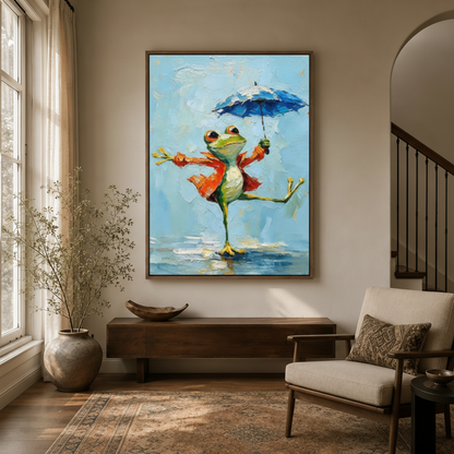 Cheerful frog orange raincoat dancing rain impasto canvas in dark walnut frame in warm neutral modern entryway