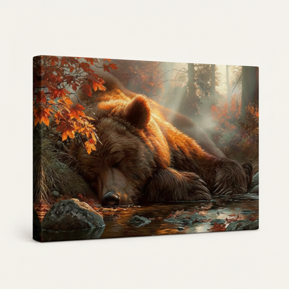 Autumn forest bear gallery-wrapped canvas print angled side view on white background