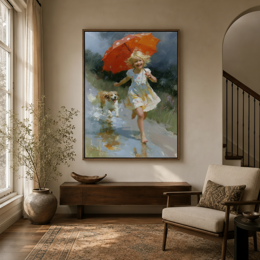 Girl red umbrella dog rain impressionist canvas hung above console in bright entryway with Persian rug