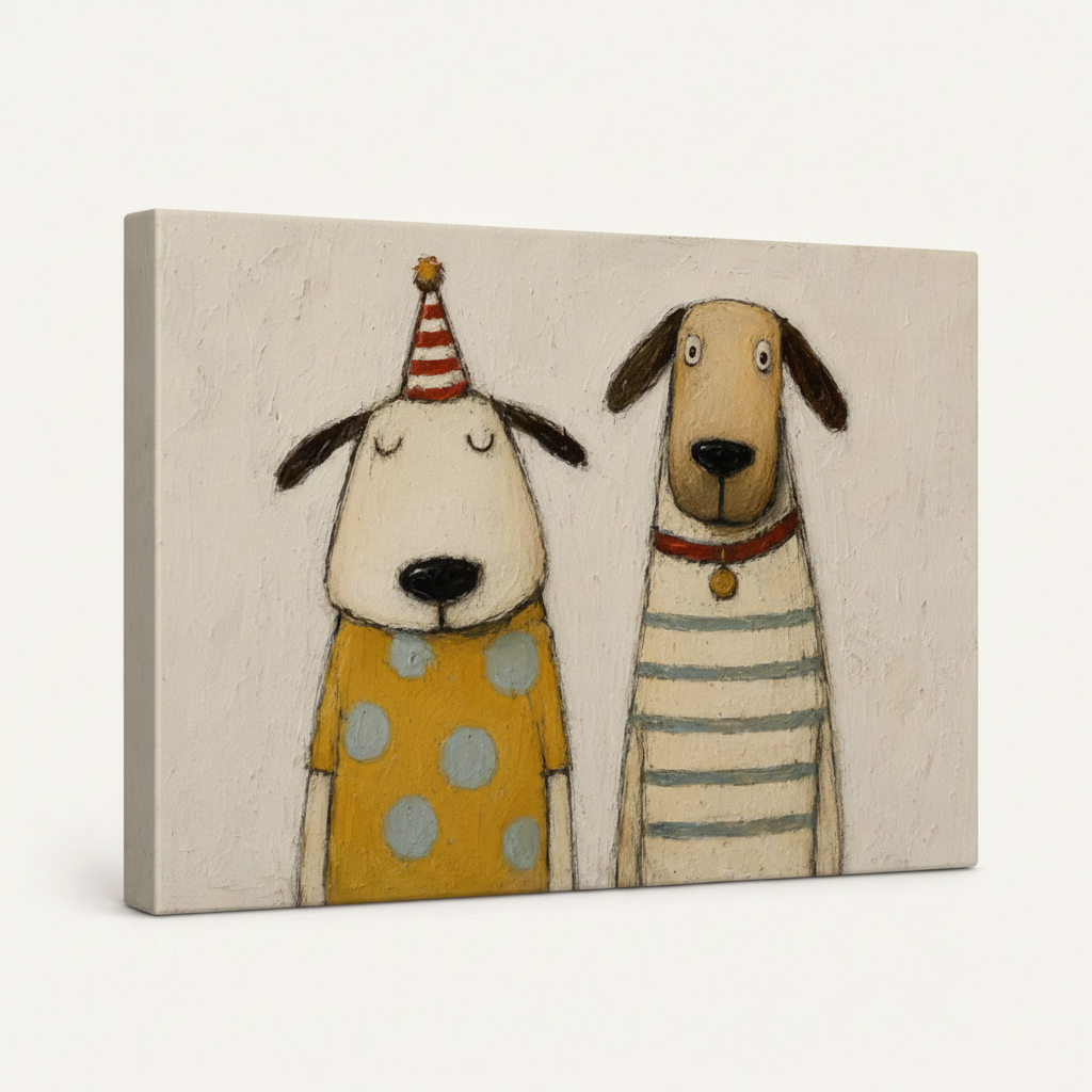 Gallery-wrapped canvas print of two cartoon dogs in polka-dot and striped shirts on white background