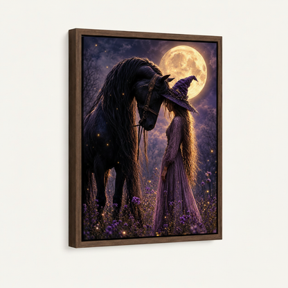 Witch and black horse purple moonlit scene in dark walnut float frame canvas, right angle product view