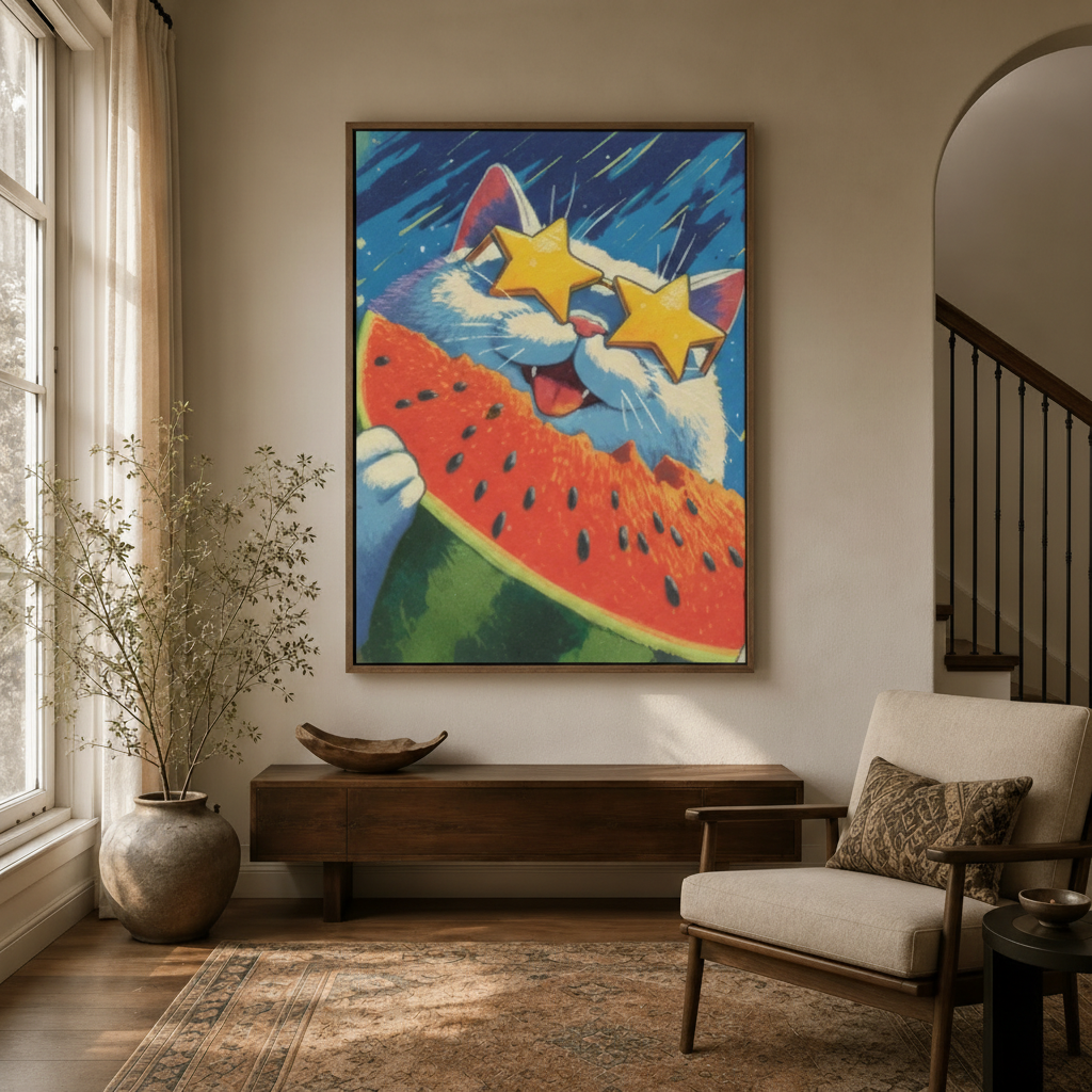Fun cat star sunglasses watermelon canvas wall art in float frame above dark entryway credenza