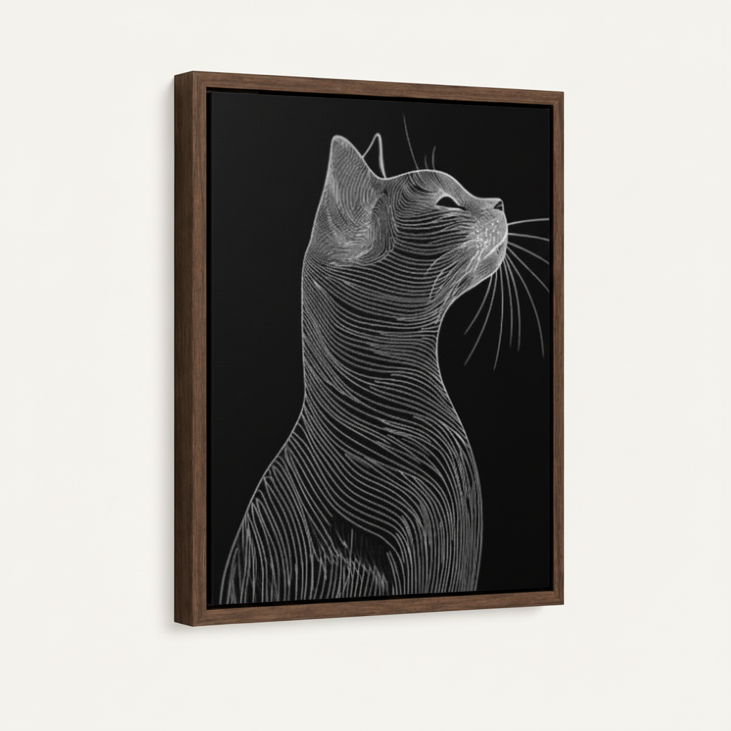 White line cat engraving in dark walnut float frame canvas, right angle product view white background