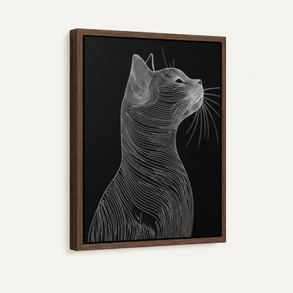 White line cat engraving in dark walnut float frame canvas, right angle product view white background