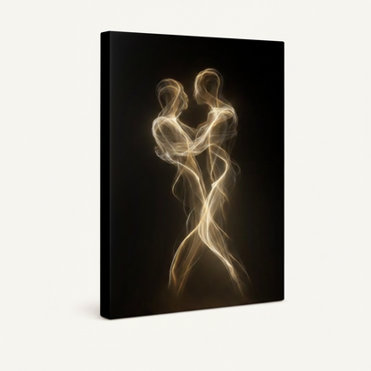 Gallery wrapped golden couple canvas art angled shot showing deep black wrap edges and glowing figures