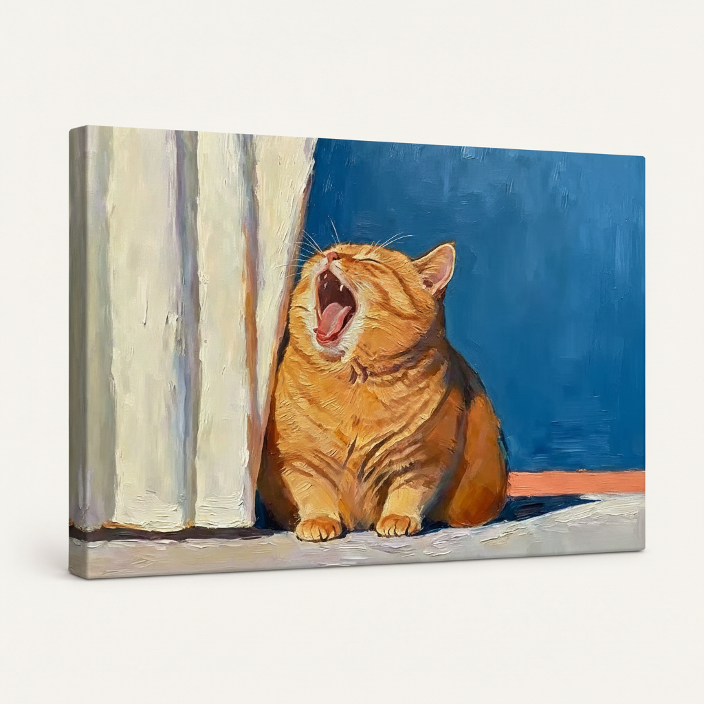 Funny orange cat yawning gallery-wrapped canvas art angled side view on white seamless background