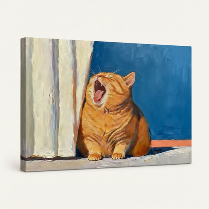 Funny orange cat yawning gallery-wrapped canvas art angled side view on white seamless background
