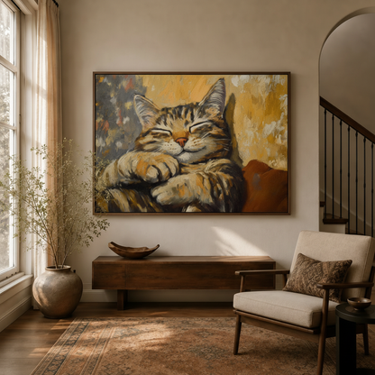 Smiling tabby cat impressionist canvas in dark walnut float frame above console in warm neutral entryway