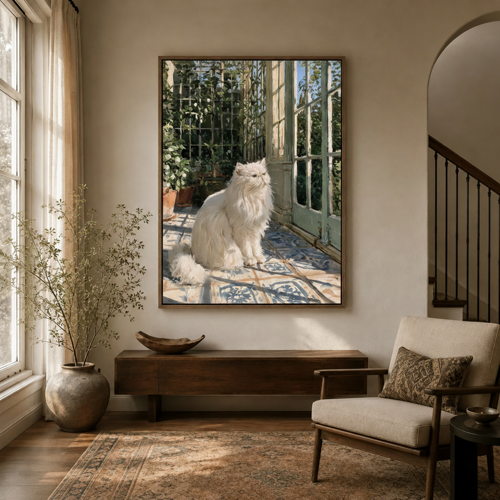 White Persian cat canvas wall art displayed in a warm entryway with arched doorway and walnut console