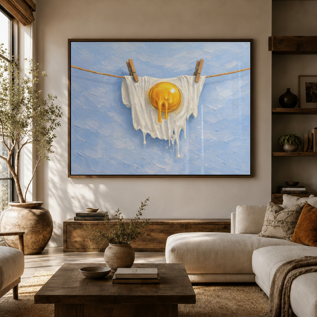 Surrealist fried egg clothesline impasto canvas wall art above console in bright Japandi living room