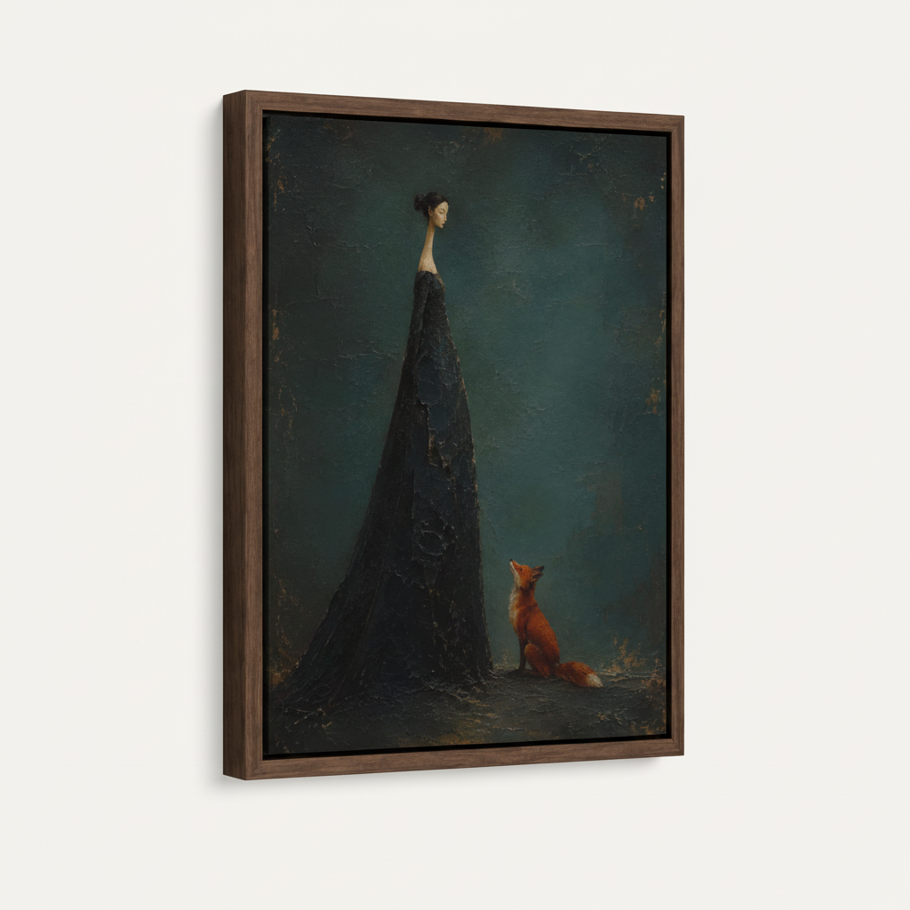 Dark walnut float framed canvas print of woman in gown with red fox on white background