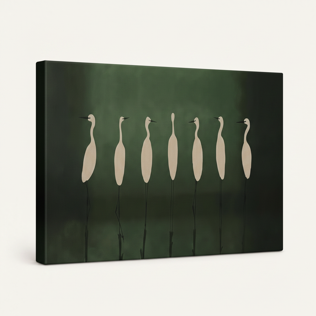 Gallery-wrapped egret silhouette canvas, side-angle view showing canvas wrap edges on white background