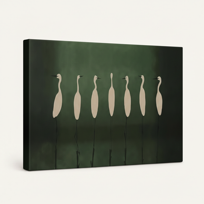 Gallery-wrapped egret silhouette canvas, side-angle view showing canvas wrap edges on white background
