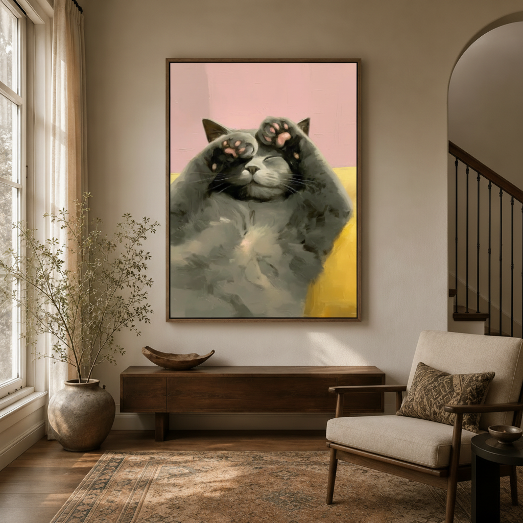 Playful lazy cat paws up wall art styled in an elegant entryway with arched doorway and warm lighting
