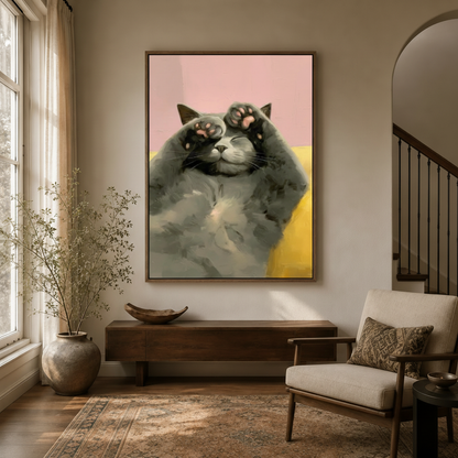 Playful lazy cat paws up wall art styled in an elegant entryway with arched doorway and warm lighting