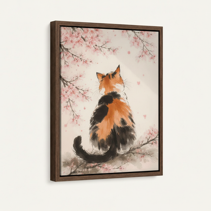 Framed canvas close-up of calico cat ink wash painting with dark wood float frame